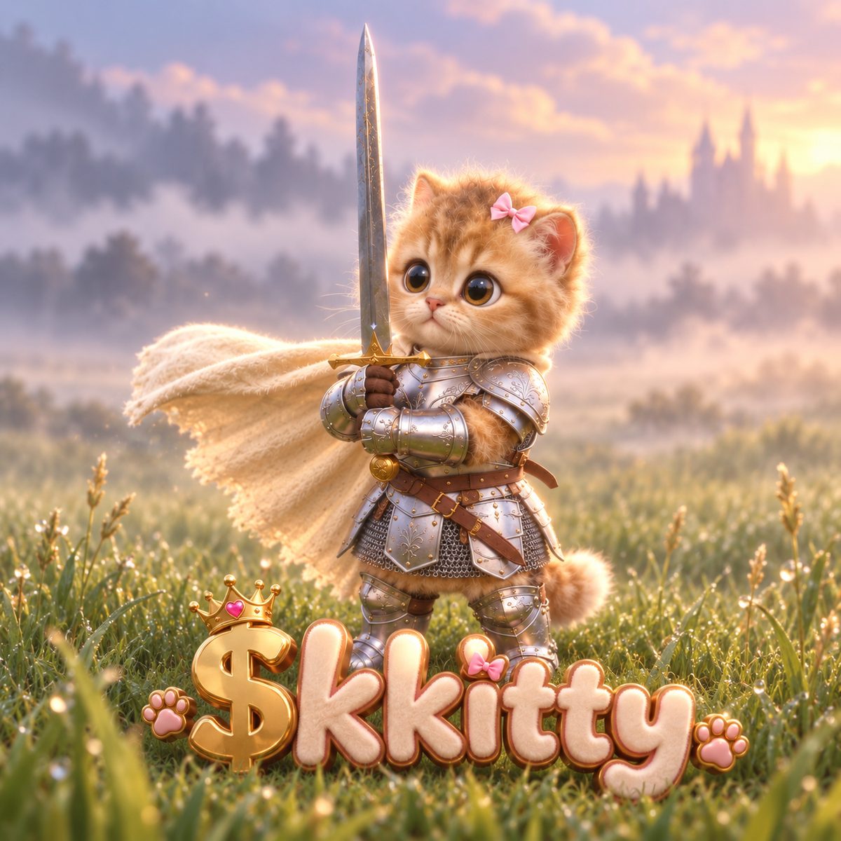 A fluffy ginger knight in shining silver armor raising a sword at dawn